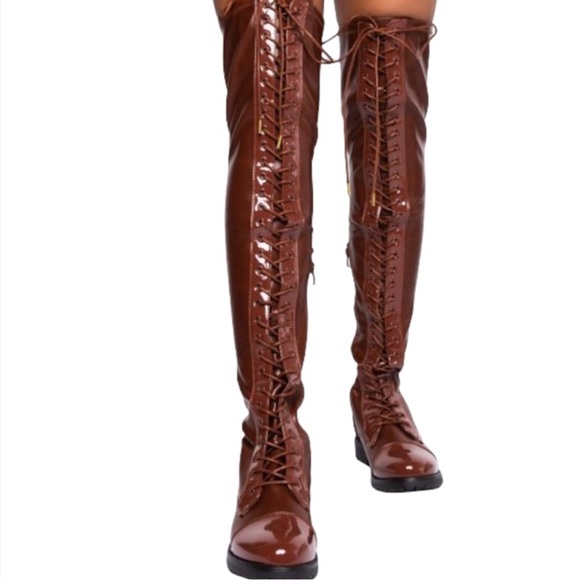 Azalea Wang Tall Brown Vegan Leather Slouchy Knee High Lace Up Riding Boots - Picture 2 of 3